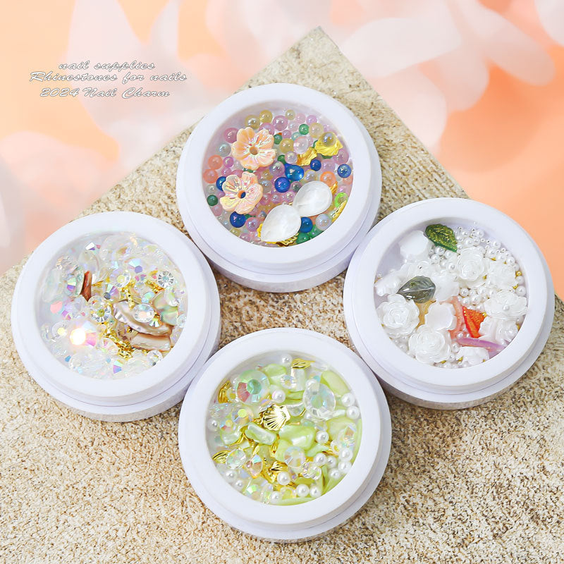 Nail art accessories box set with pearls, roses, camellias, mermaid iridescent multi-color flat-bottomed rhinestones, transparent Secondary image