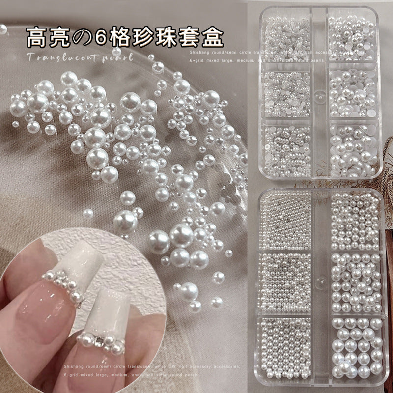 High-gloss pearl set box nail art accessories, pure white flat-bottomed semi-round mixed-size nail rhinestones, textured round pearl decorations Secondary image