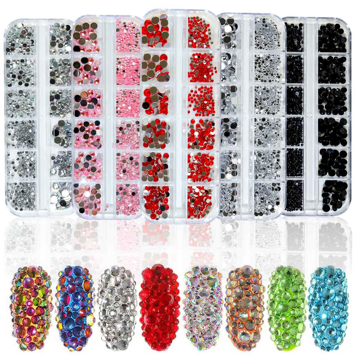 12-grid acrylic flat-bottomed nail art decorations in silver AB and bright red, various sizes of resin flat-bottomed pieces Secondary image