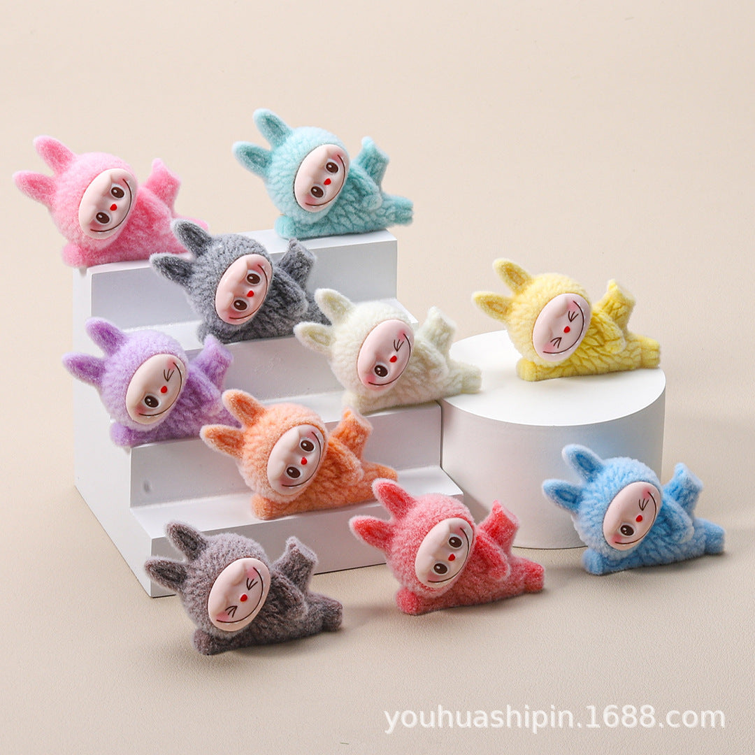 Labubu popular flocked side-lying cute resin figurine DIY decoration Secondary image