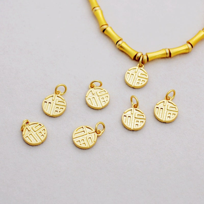 Gold-plated color-retaining double-sided fortune character pendant 10mm beaded pearl bracelet charm DIY jewelry accessory pendant Secondary image