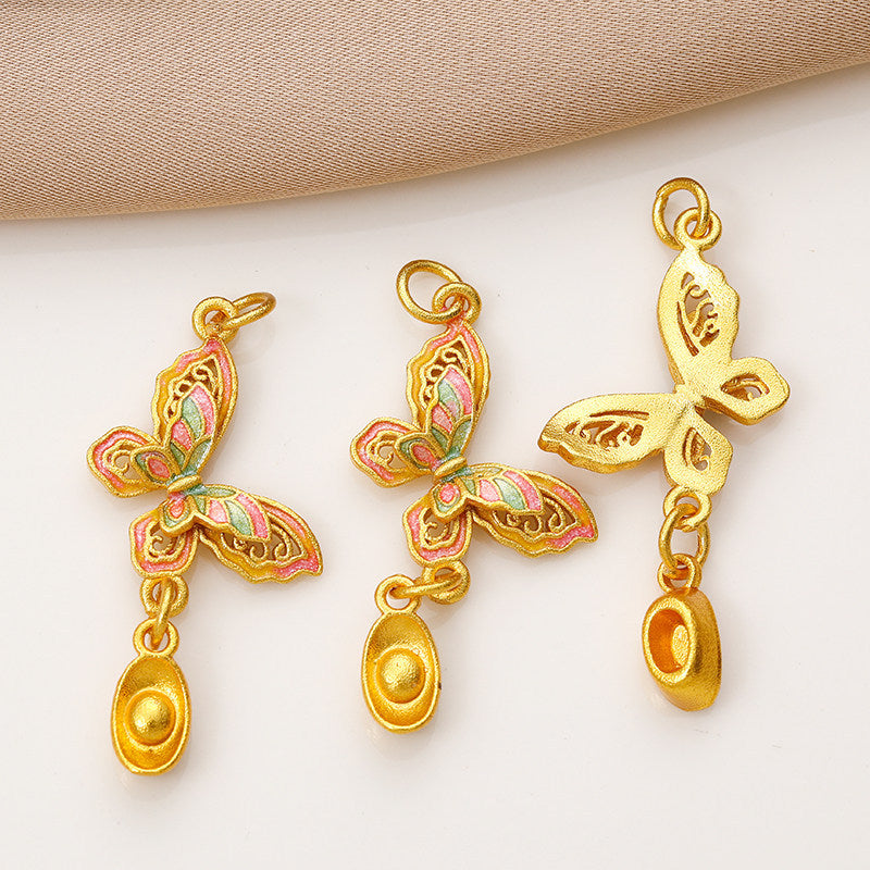 Gold-plated butterfly pendant with oil drip design, fortune-bringing lotus pod charm, DIY handmade beaded bracelet, necklace, and earring materials Secondary image