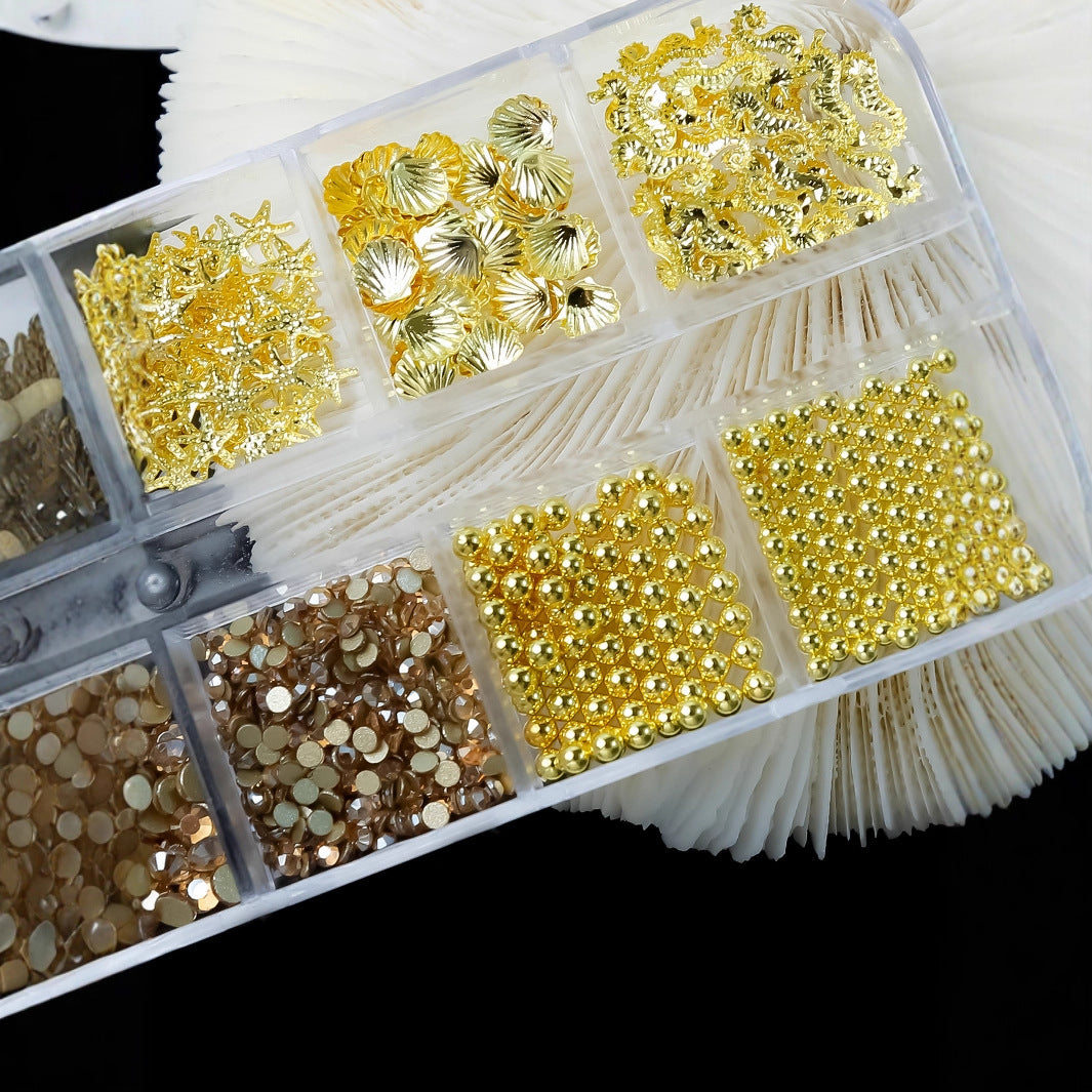 Ocean 12-grid long box nail art alloy rivets gold and silver round beads starfish shell metal nail stickers Secondary image