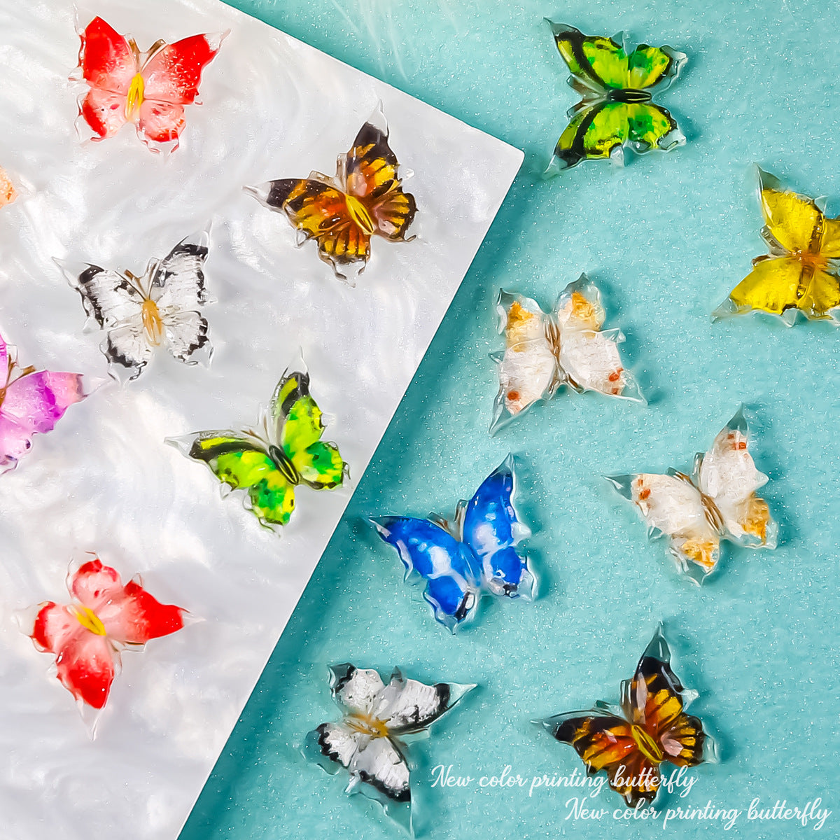 Nail art butterfly decorations, colorful printed butterfly nail art accessories, resin accessories, small butterfly nail art ornaments. Secondary image
