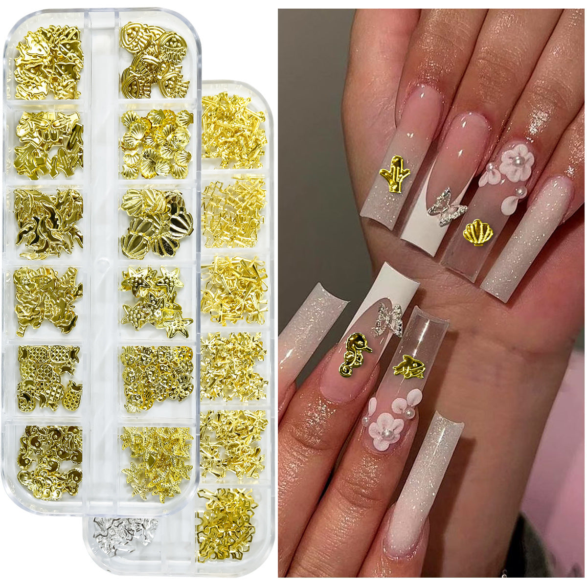Nail art accessory set with 12 compartments of metal studs, crosses, pineapples, starfish, and cactus Secondary image