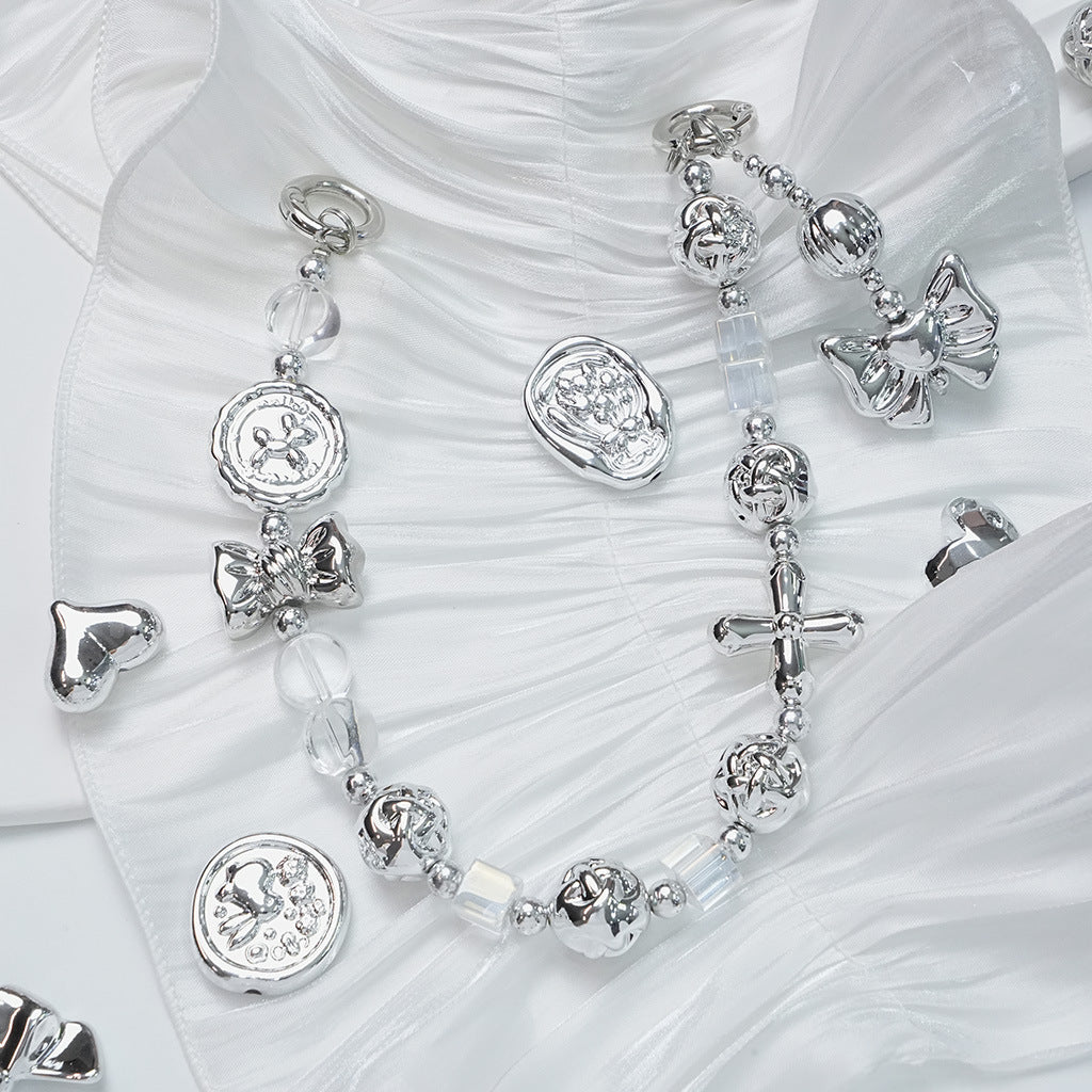 Metallic UV electroplated silver five-pointed star, heart, bow loose beads DIY phone chain beading material accessories Secondary image