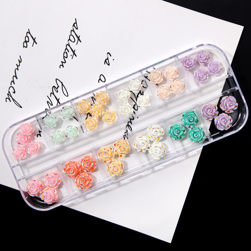 12-compartment long box 3D holographic rose and camellia nail decorations, nail art accessories, jewelry with gold foil Secondary image