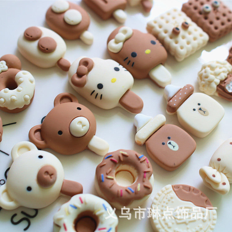 Cute cat ice cream smiley face milk tea color resin accessory parts DIY hair accessories elastic bands clips handmade materials Secondary image
