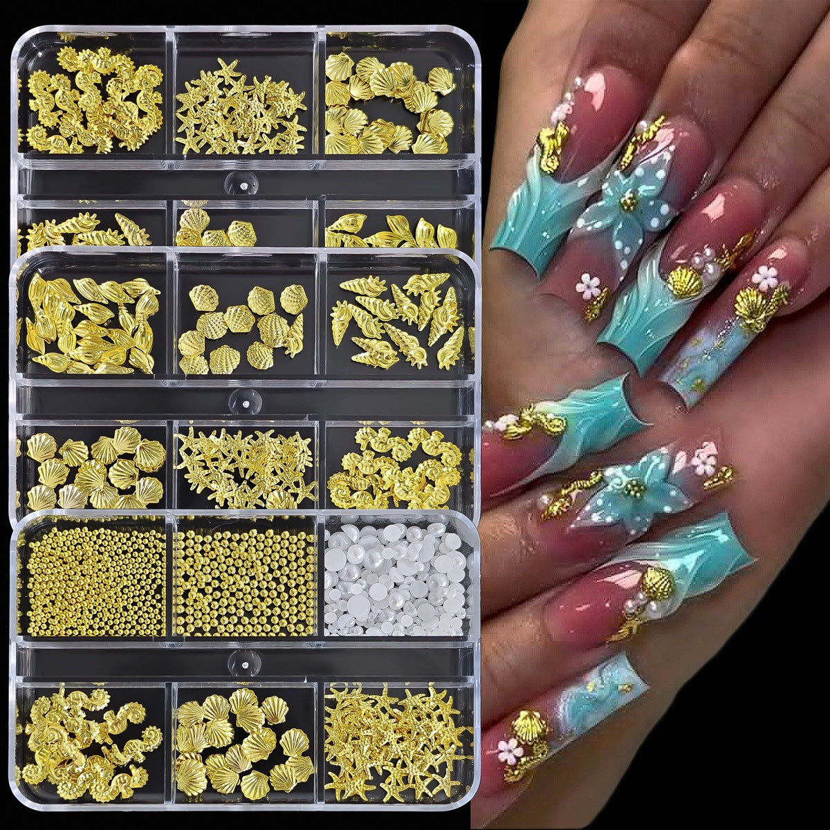 Nail art accessories: gold and silver shells, conches, pearls, starfish, studs, nail rhinestones, nail art decorations Secondary image