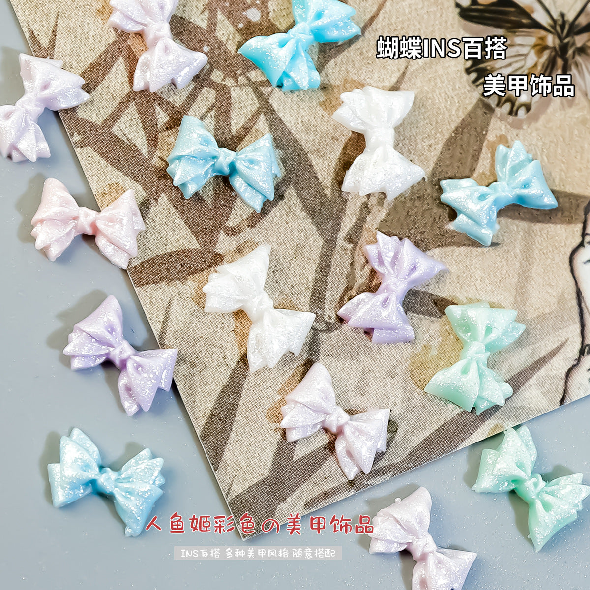 Mermaid Princess Bow Nail Art Accessories, Shimmering Bow Tie Wearable Nail Decoration DIY Hand Accessories Secondary image