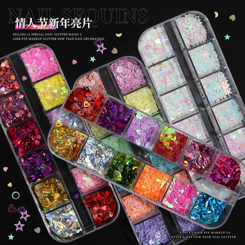 12-piece nail art set, New Year special-shaped designs, Valentine's Day laser nail sequins, eye makeup accessories Secondary image