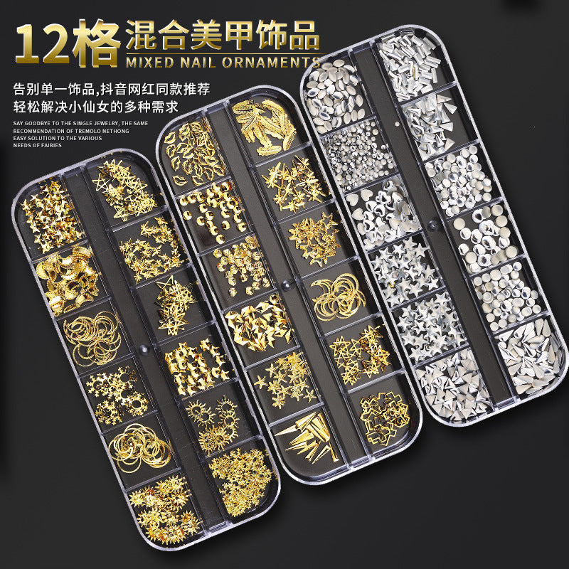 Long box set of nail art accessories with irregular-shaped rivets, alloy rhinestones, iridescent pearls, and marquise-shaped sequins Secondary image