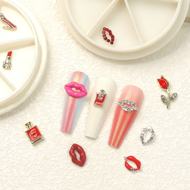 Boxed Nail Art Alloy Decorations for Valentine's Day and Qixi Festival: Lips, Hearts, Roses, Perfume, Barbie, Six-Grid Nail Decorations Secondary image