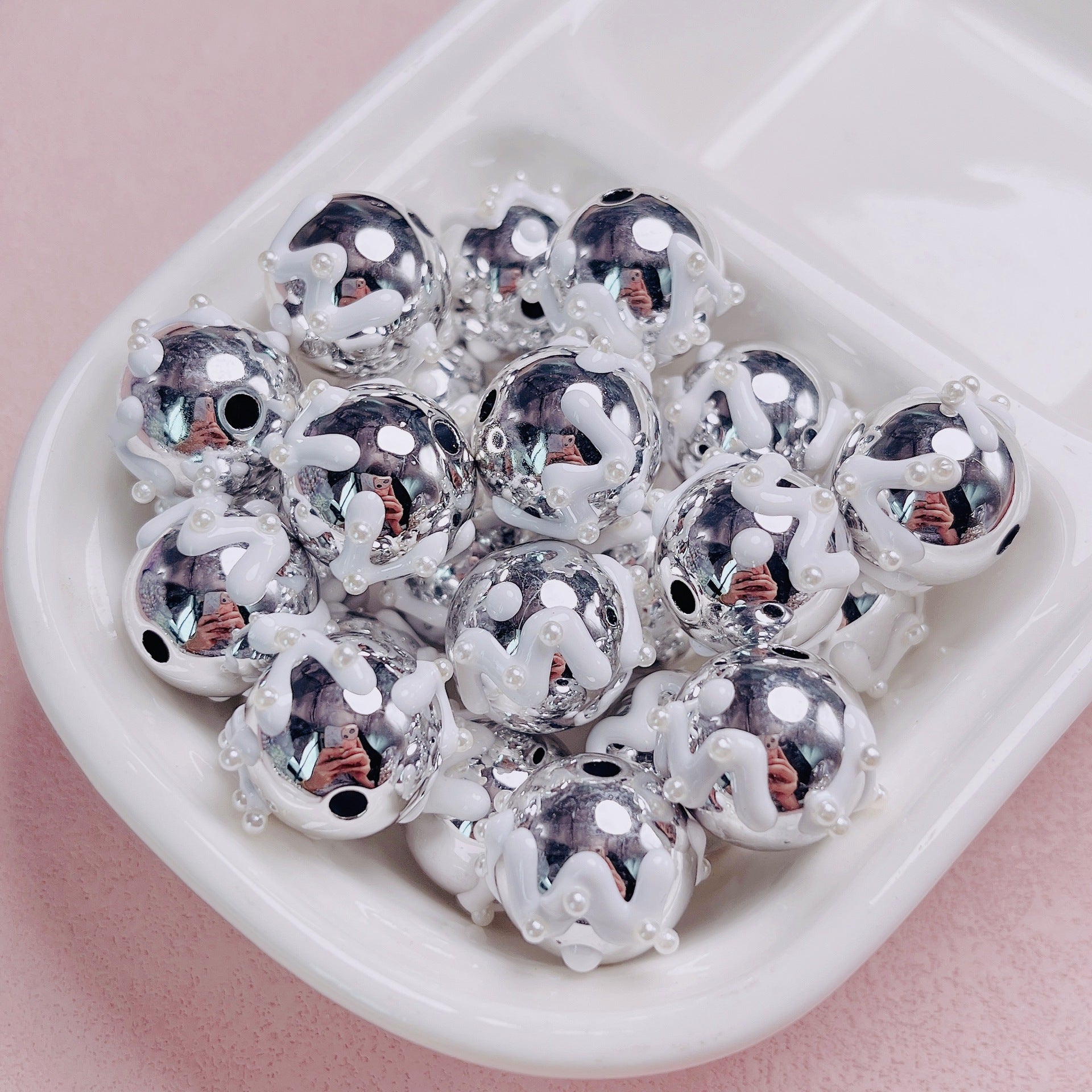 Heavy-duty silver hand-painted bead with rhinestones and pearls DIY keychain mobile phone chain round bead jewelry accessory materials Secondary image