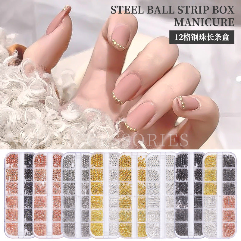 Nail art accessories, small steel beads in a 12-compartment long box, gold and silver metallic nail set Secondary image