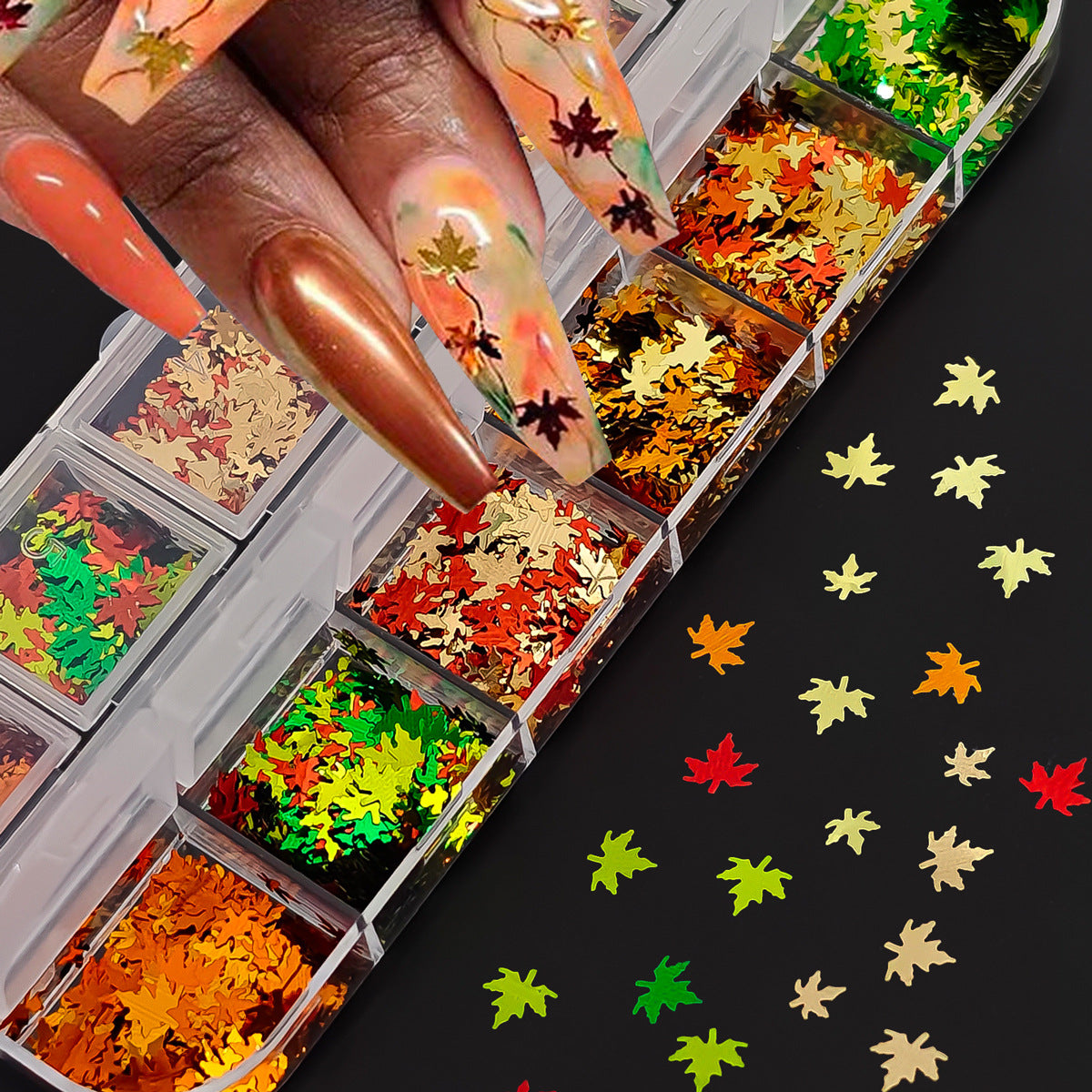 Autumn and winter maple leaf nail art glitter set, colorful maple leaf-shaped nail decoration glitter DIY patch material pack Secondary image