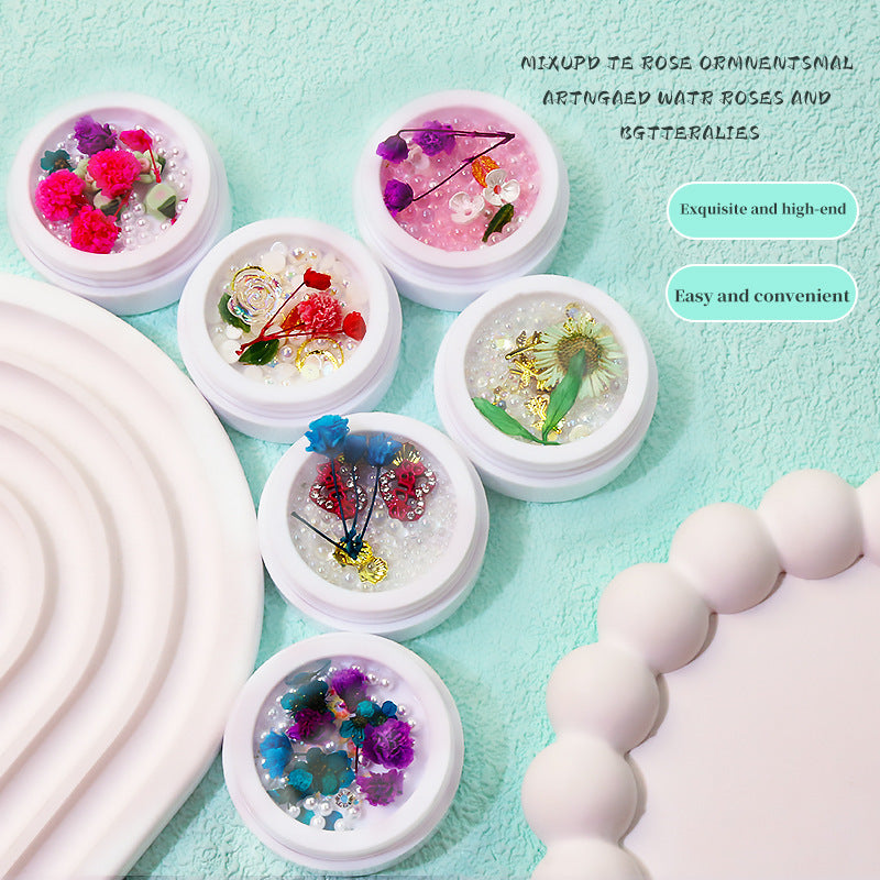 Nail art accessories small round bottle flat-bottomed rhinestones green leaves dried flowers pearls bubble beads boxed nail DIY decoration Secondary image